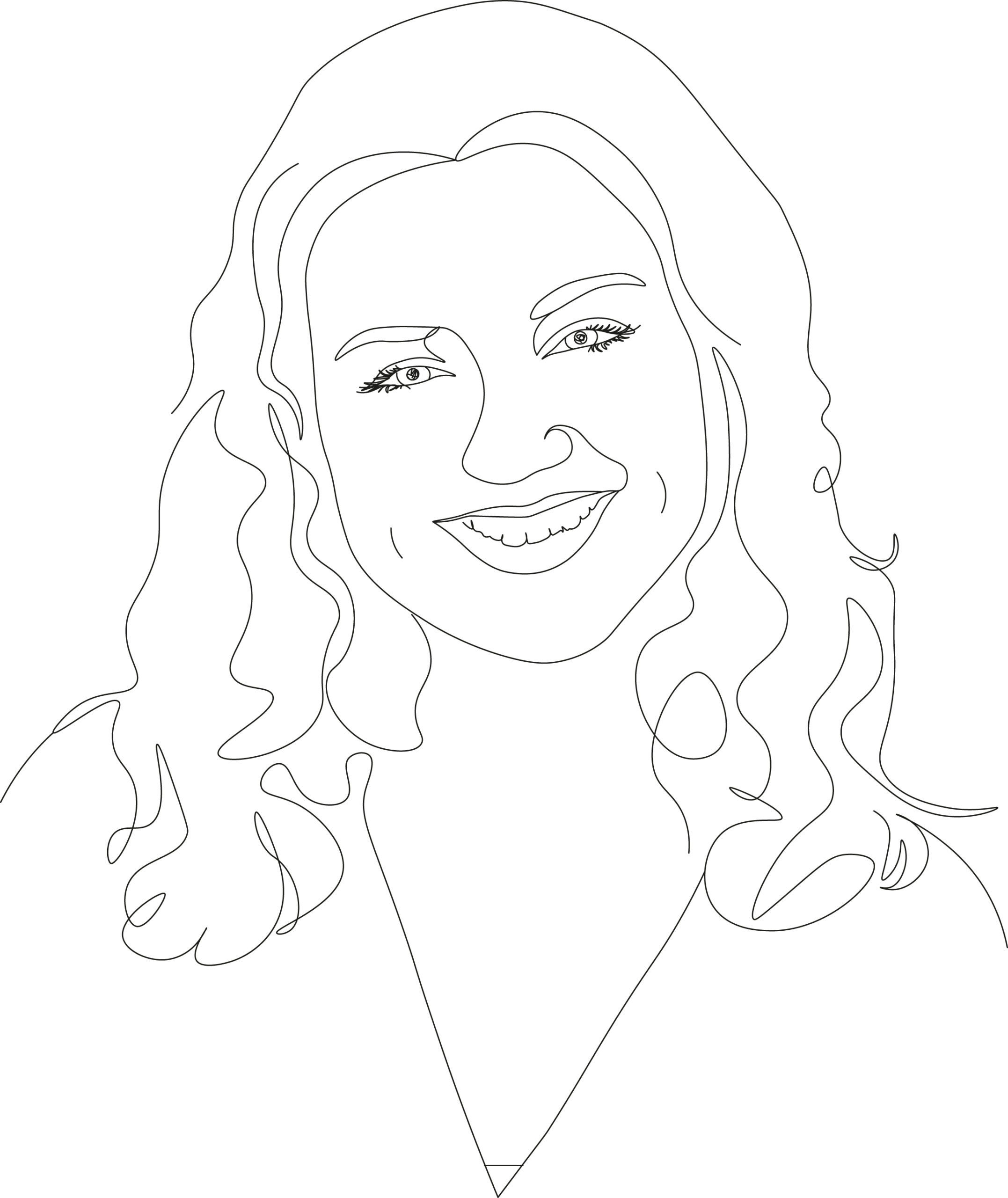 One-Line-Art-Portrait von Flora Reitermayer. Flora hat lange, lockige Haaren und Lachgrübchen auf beiden Wangen. Flora trägt eine Langarmbluse.