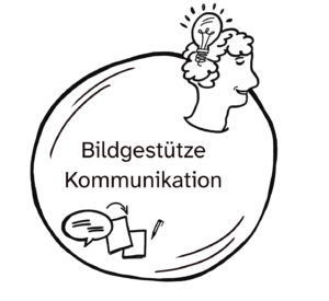 Illustration eines Planeten zum Grundlagenkurs Bildgestützte Kommunikation: Ein Kopf mit leuchtender Glühbirne symbolisiert kreatives Denken, darunter eine Person die zeichnet.