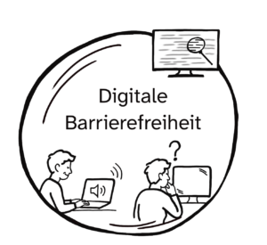 Illustration eines Planeten zum Grundlagenkurs Digitale Barrierefreiheit: Zwei Personen arbeiten an Computern, eine nutzt einen Screenreader, die andere hat ein Fragezeichen über dem Kopf.