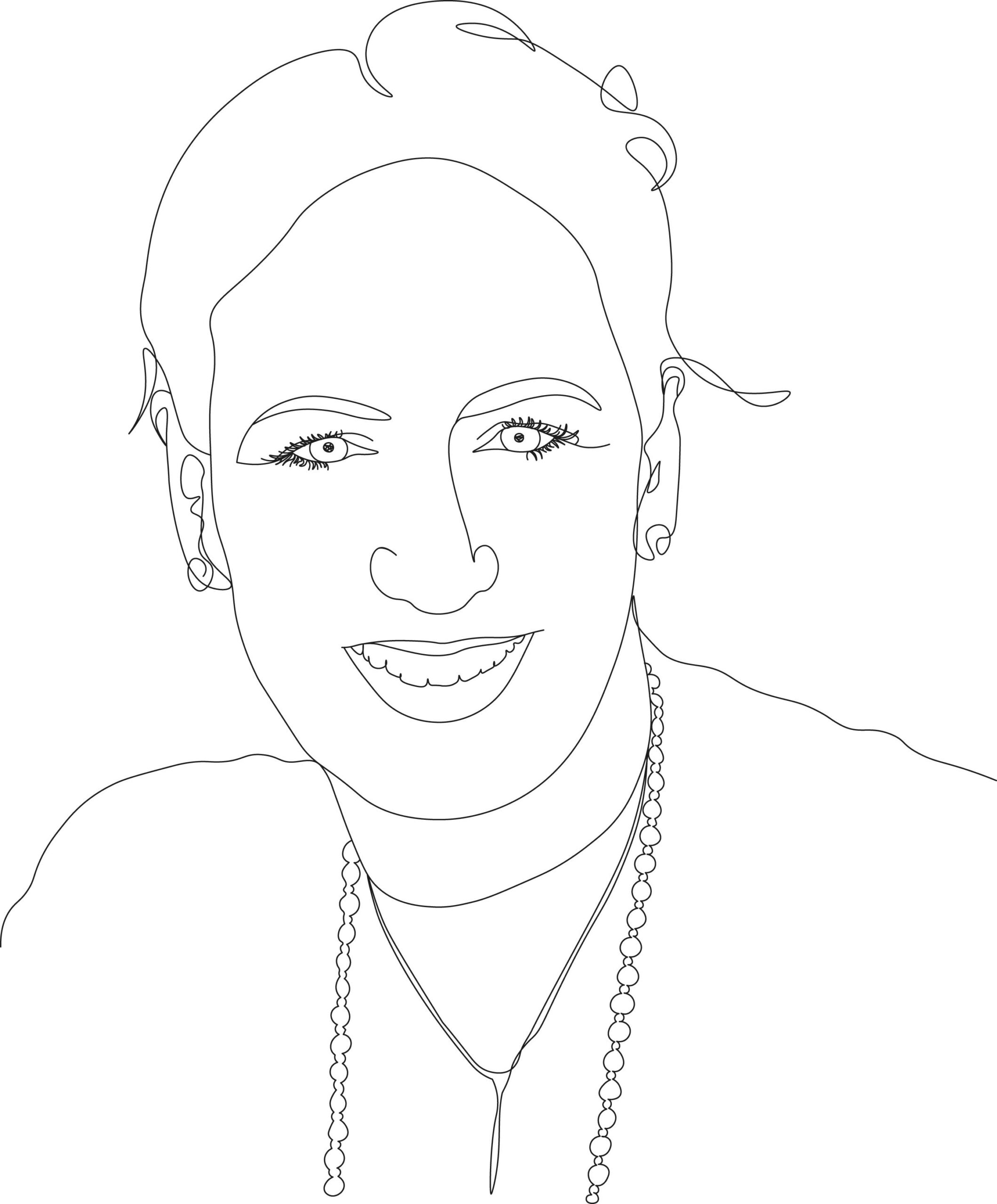 One-Line-Art-Portrait von Petra C. Plicka. Petra hat ihre Haare zu einem Dutt hochgesteckt, trägt eine Langarmbluse, zwei Ketten, Stecker-Ohrringe und eine Uhr am linken Arm.