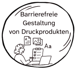 Illustration eines Planeten zum Kurs Barrierefreie Gestaltung von Druckprodukten: Eine Person sitzt am Computer, umgeben von Gestaltungselementen wie Bild, Text und Schriftzeichen.