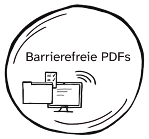 Illustration eines Planeten zum Kurs Barrierefreie PDFs: Ein Ordner und ein Computerbildschirm mit einem Dokument, das drahtlos übertragen wird.