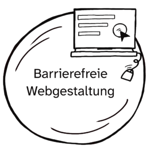 Illustration eines Planeten zum Kurs Barrierefreie Webgestaltung: Ein Computerbildschirm mit strukturiertem Inhalt und einem Mauszeiger.