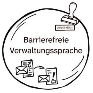Illustration eines Planeten zum Kurs Barrierefreie Verwaltungssprache: Zwei Briefe werden ausgetauscht, darüber ein Stempel mit der Aufschrift Verständlich.