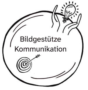 Illustration eines Planeten zum Kurs Bildgestützte Kommunikation: Zwei Hände halten eine leuchtende Glühbirne, darunter eine Zielscheibe mit Pfeil.
