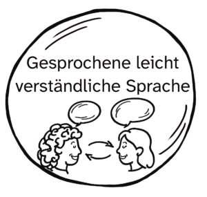 Illustration eines Planeten zum Kurs Gesprochene leicht verständliche Sprache: Zwei Personen im Gespräch mit Sprechblasen über ihren Köpfen.