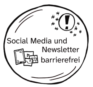 Illustration eines Planeten zum Kurs Social Media und Newsletter barrierefrei gestalten: Ein Smartphone mit Social-Media-Inhalten und ein Ausrufezeichen als Hinweis auf Barrierefreiheit.