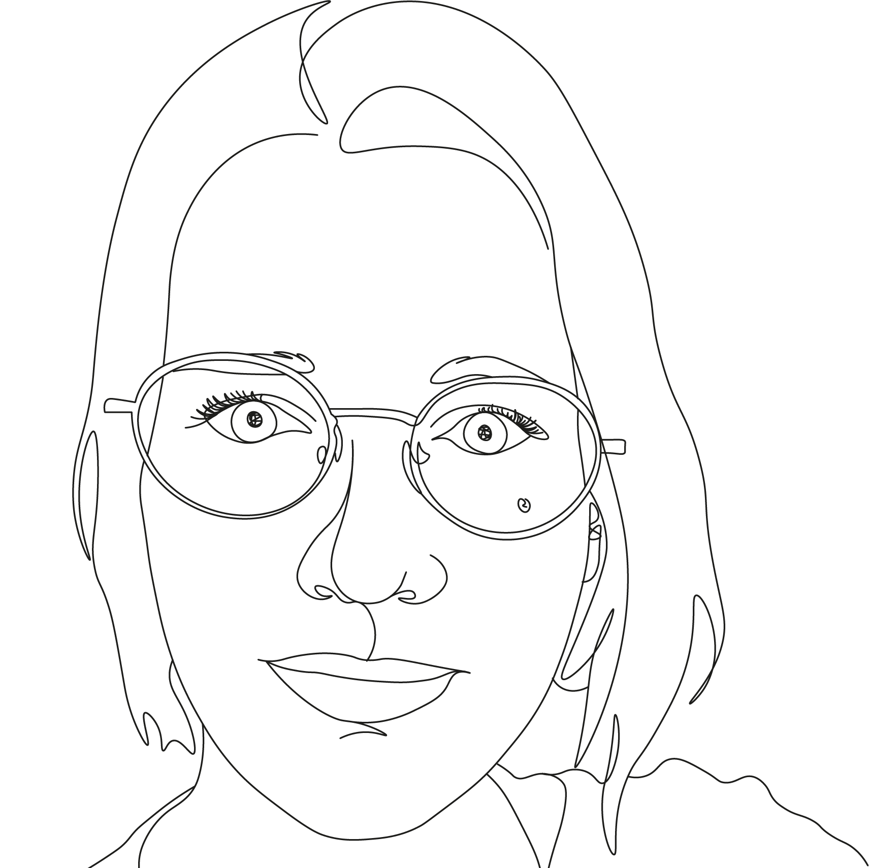 One-Line-Art-Portrait von Sabrina Siemons. Sabrina hat glatte, kinnlange Haare, trägt eine rechteckige Brille und eine Bluse.